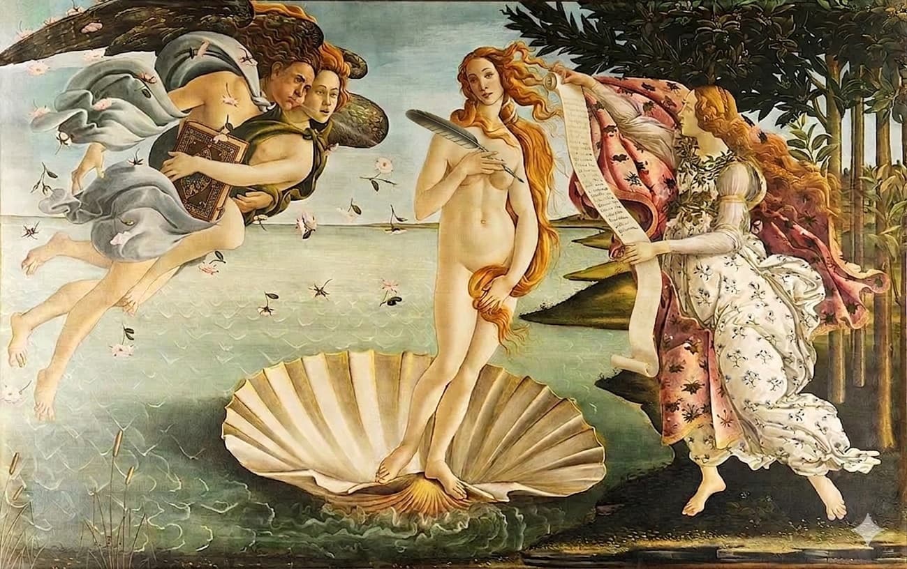 Detail from Botticelli's Birth of Venus — Venus emerging on a shell
